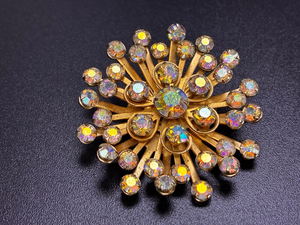 Vintage Aurora Borealis Rhinestone Atomic Starburst Brooch